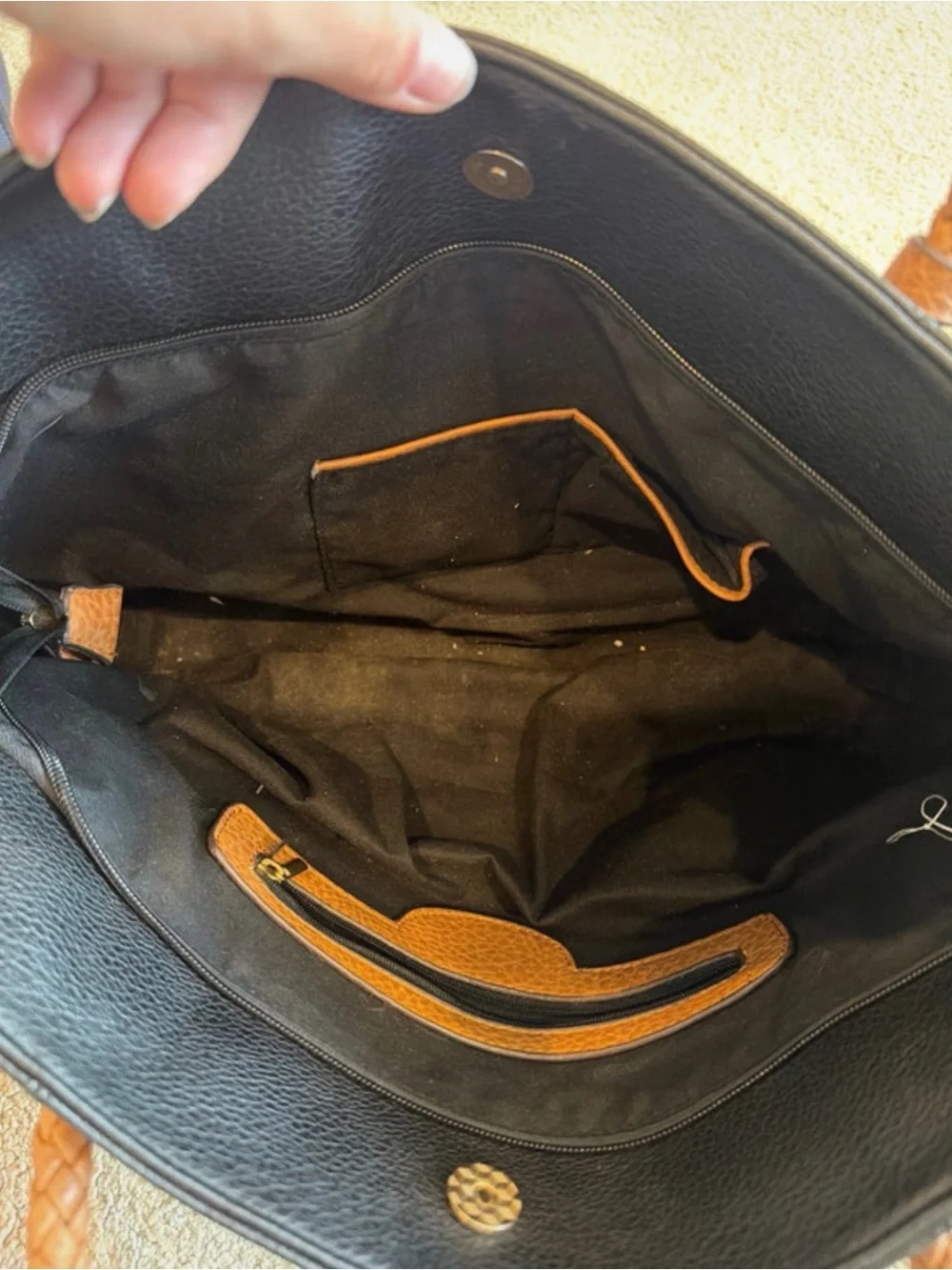 Michael Kors Black Leather Tote with Tan Braided Handles